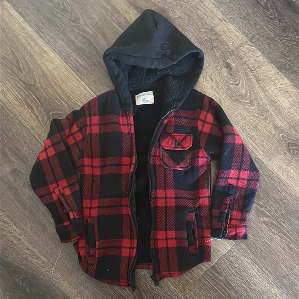 Kids Red and Black Plaid Hooded Shirt